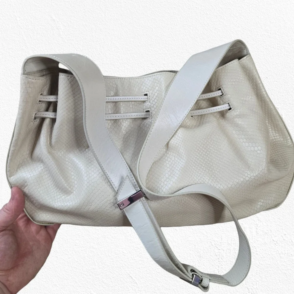 Halston Heritage Snakeskin Leather Drawstring Shoulder Bag Ivory Designer Purse